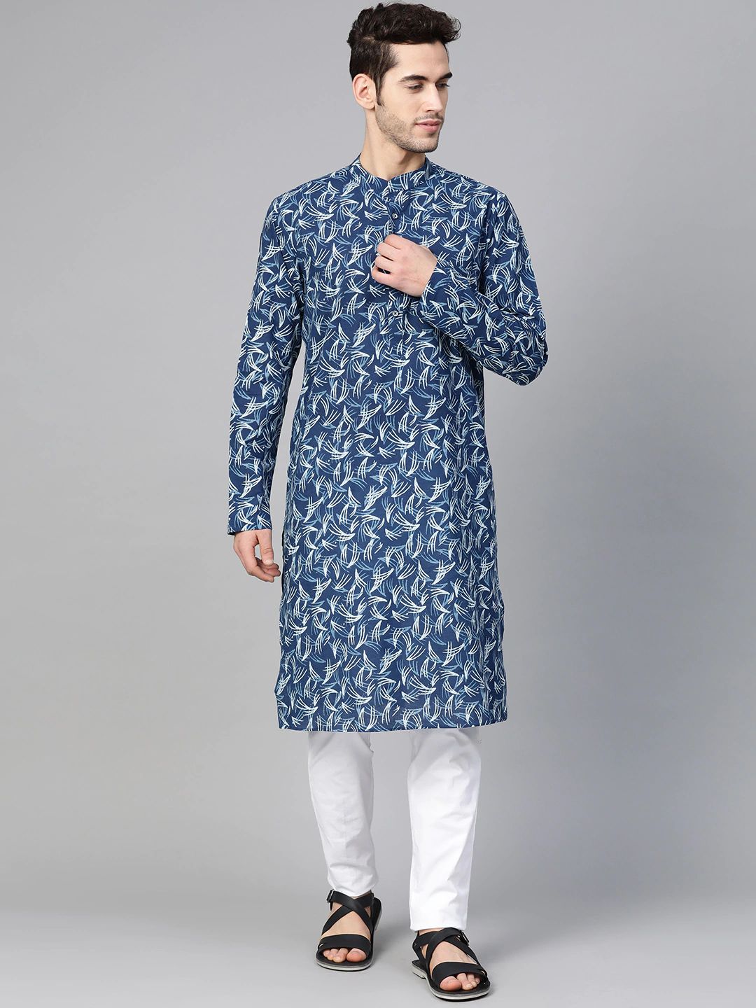 Riwaat.com Men Blue Indigo Hand Block Print Straight Sustainable Kurta Riwaat Printed