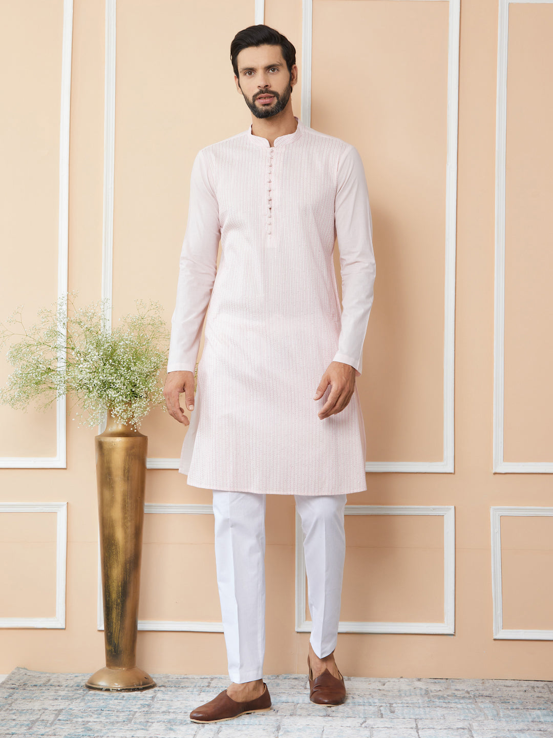 Light Pink Thread & Sequins Worked Pure Cotton Straight Kurta with Pyjama