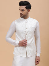 Riwaat.com Men Off White Kurta Pajama & Gold Woven Design Jacquard Nehru jacket Riwaat Indo Western