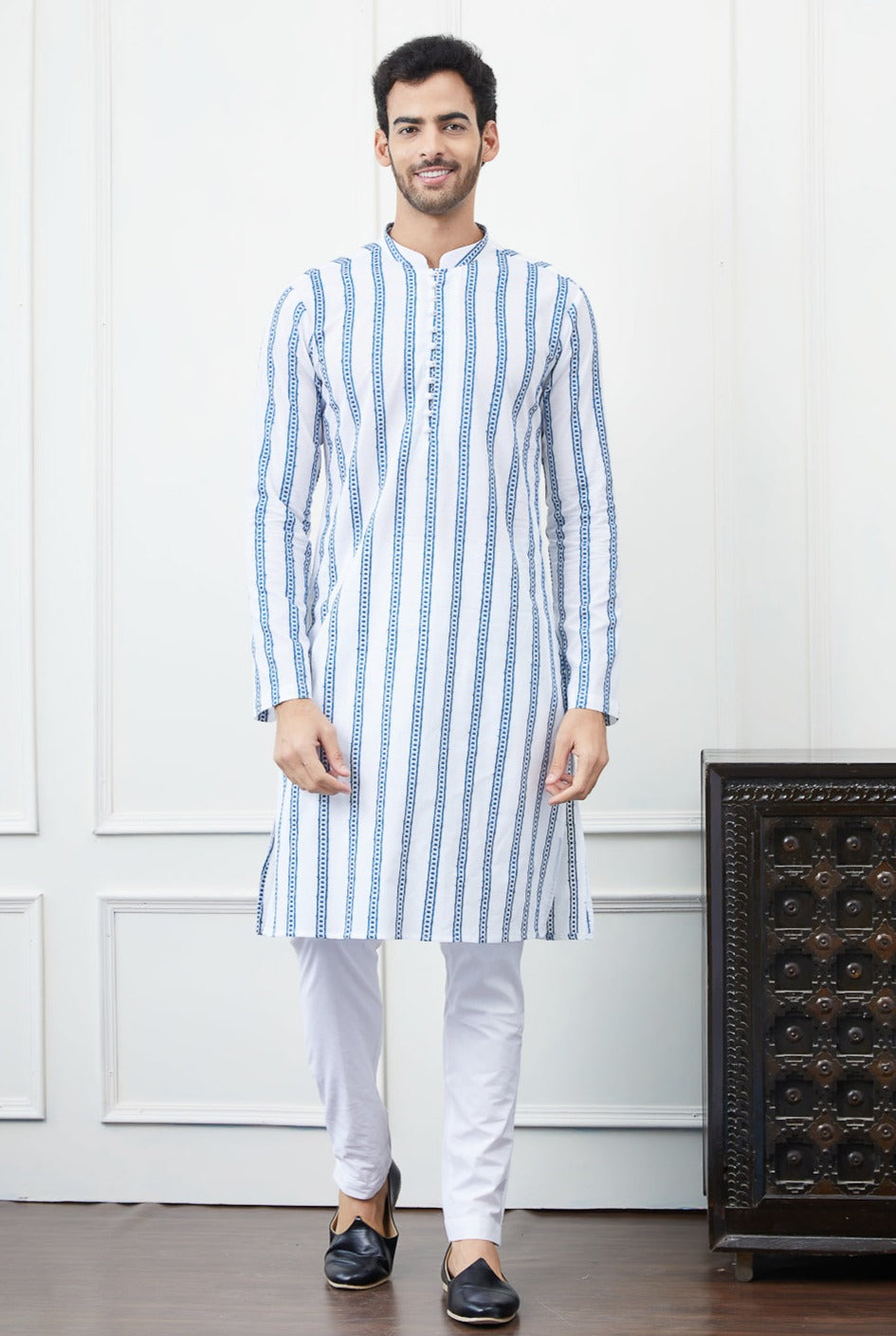 Men White And Blue Sequence Chikankari Embroidered Cotton Kurta