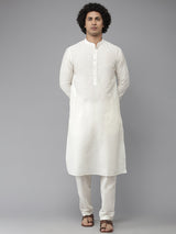 Men Elegant White Cotton Silk Straight Kurta With Pajama