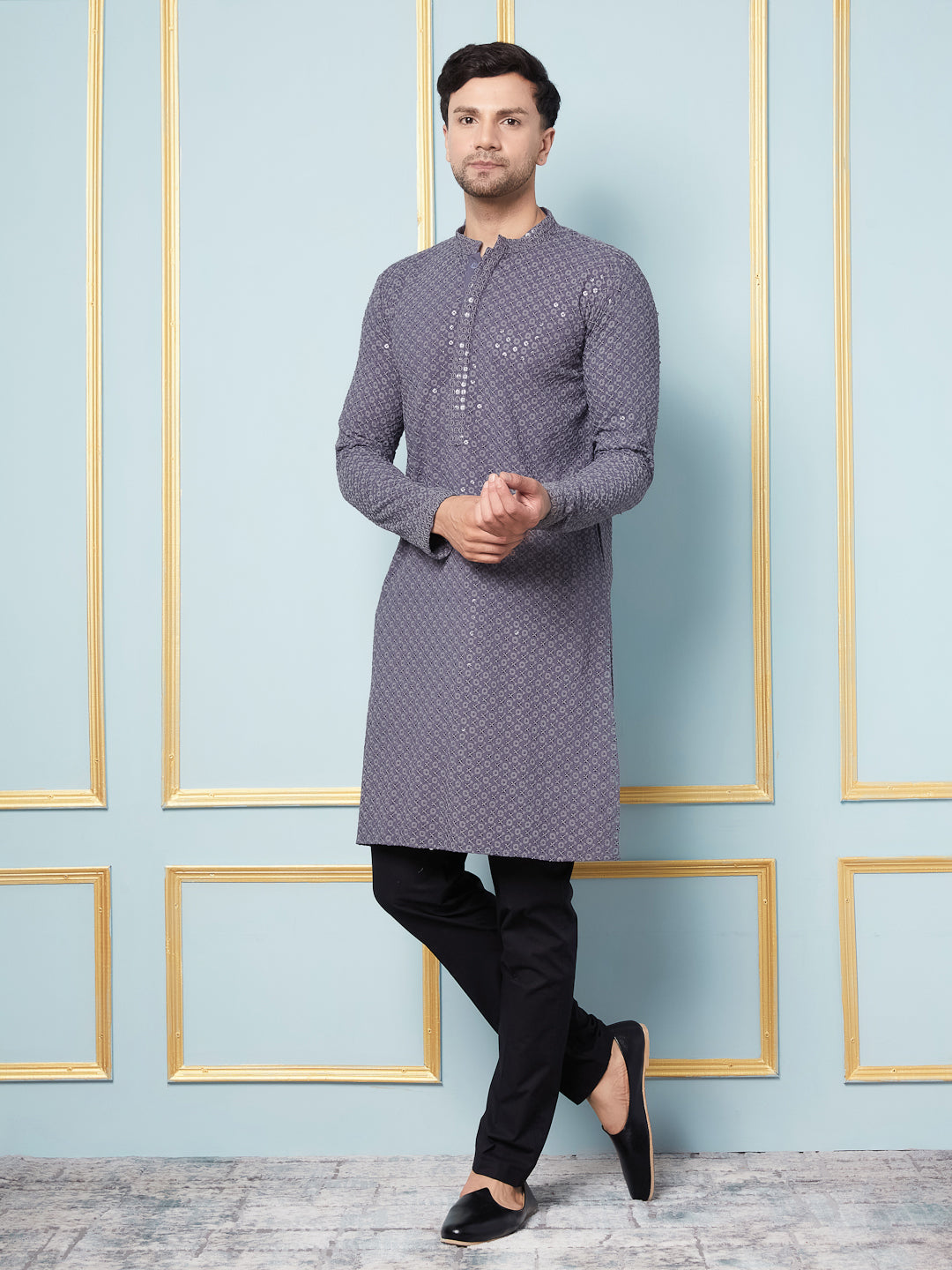 Men Silver Twilight Embroidered Sequined Rayon Kurta