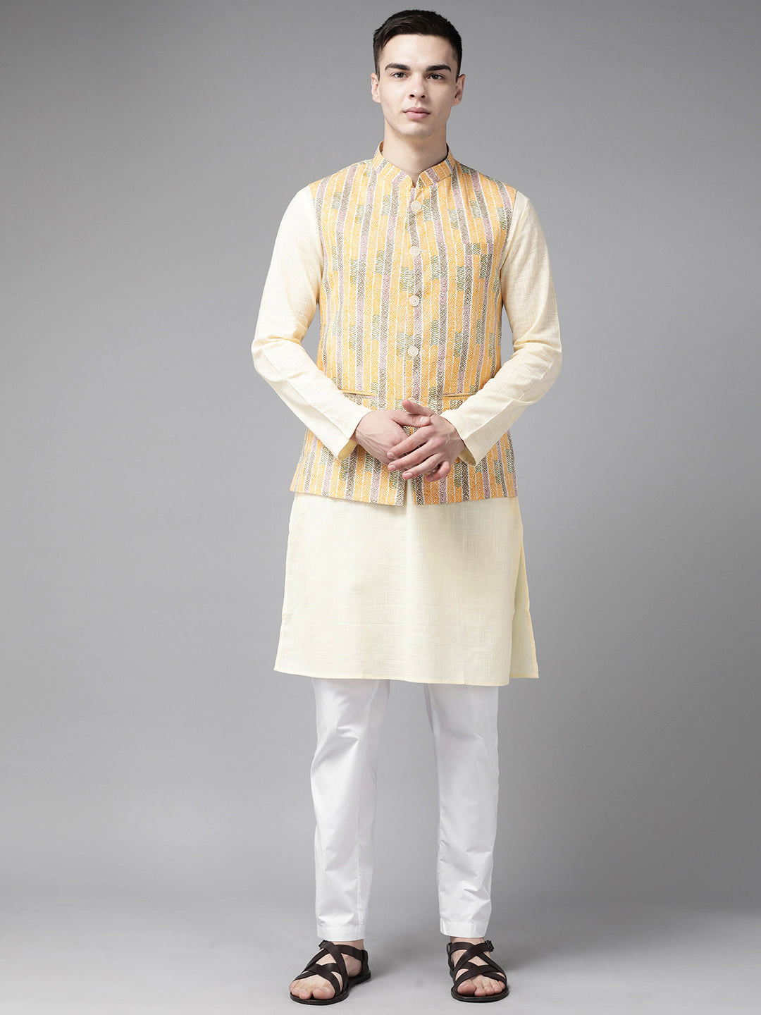 Riwaat.com Men Yellow & Beige Printed Pure Cotton Kurta Pajama With Nehru Jacket Riwaat Haldi Indo Western