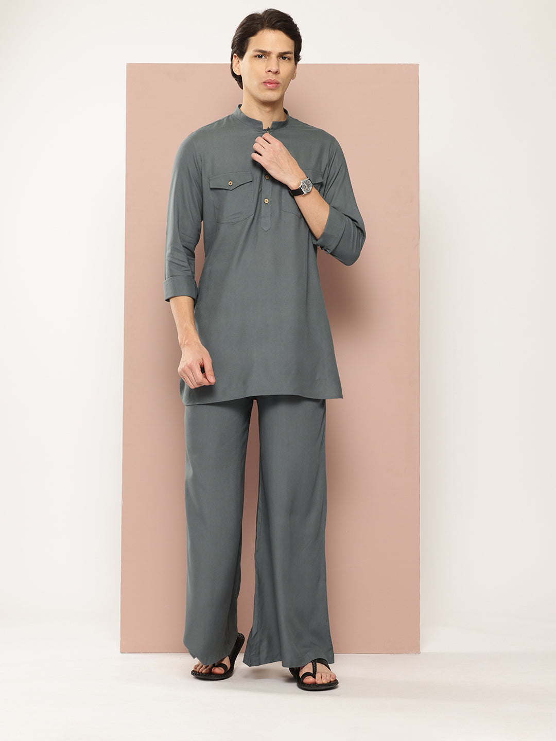 Men Grey Rayon Solid Pathani Sets