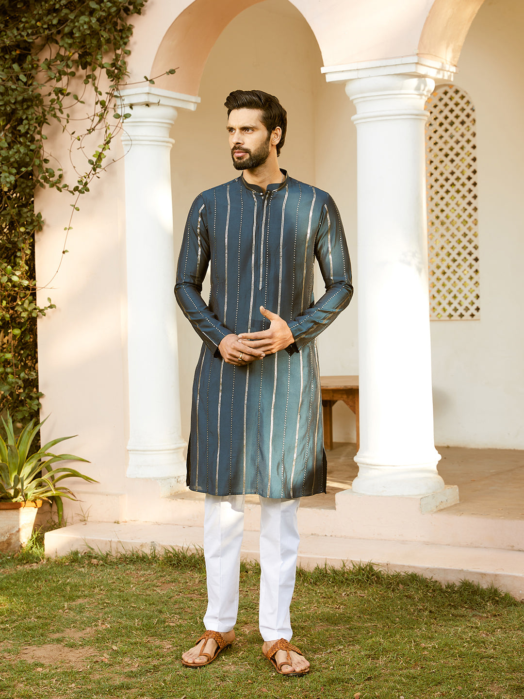 Men Sapphire Stripe Chanderi Silk Sequins Kurta