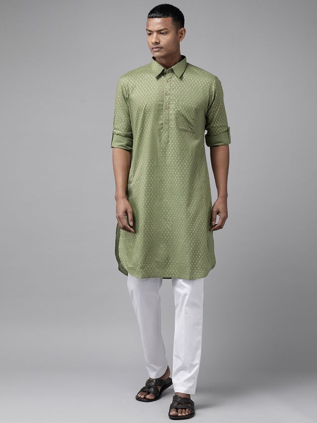 Men Olive Regular Pure Cotton Pathani Printed Men's Kurta With White Salwar