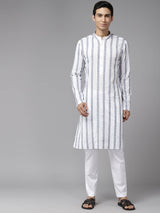 Men White & Grey Pure Cotton Embroidered Straight Kurta With Pajama