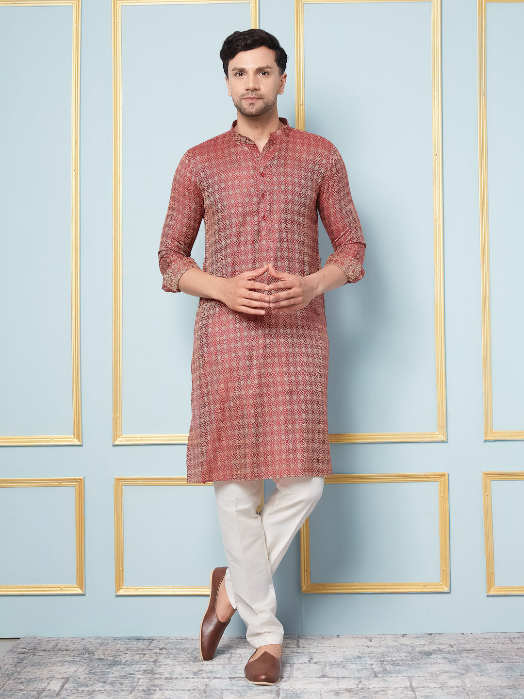 Men Maroon & Gold Woven Design Thread Work Kurta With Pajama