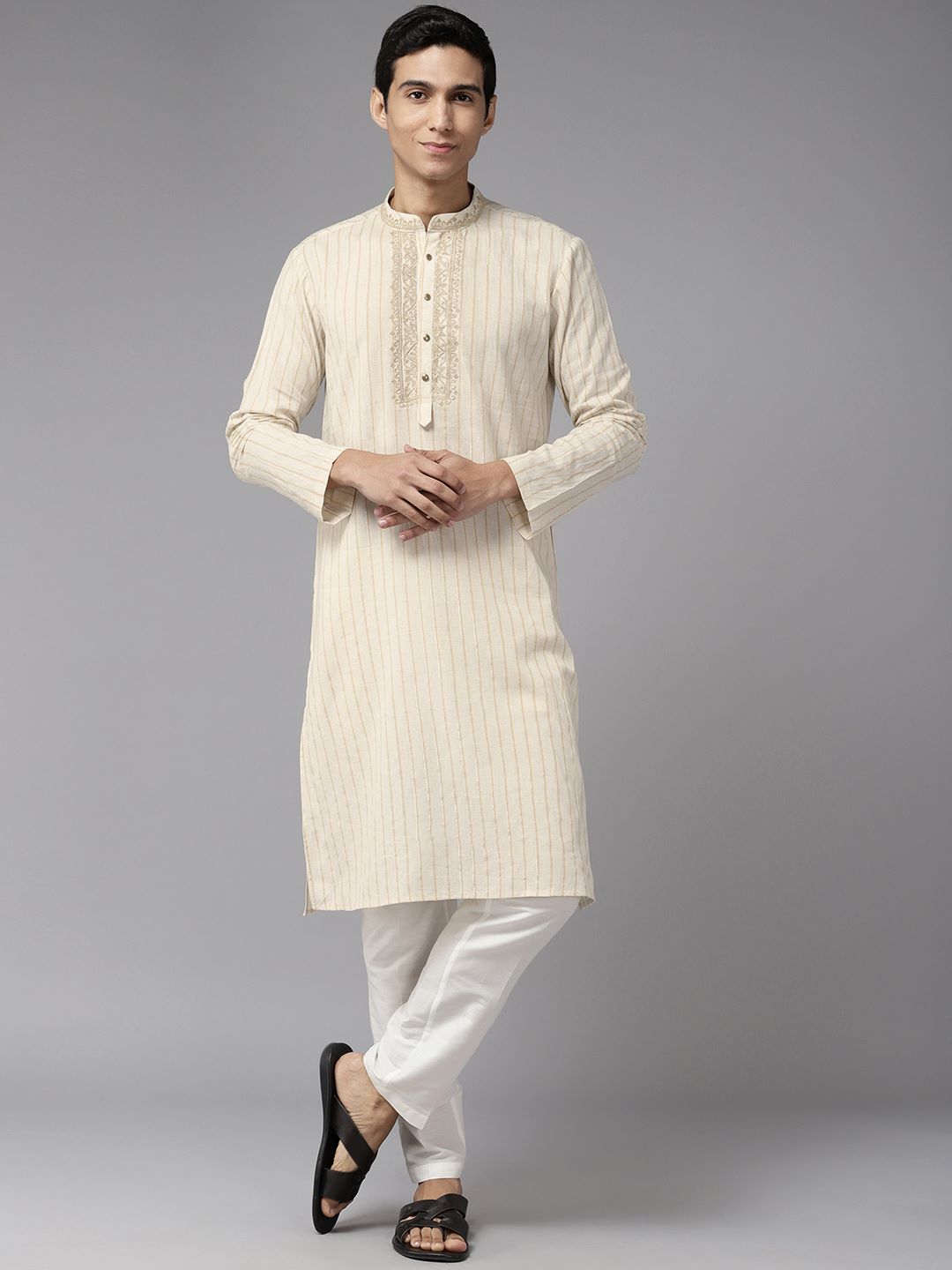 Men Beige & Gold Silk Woven Design Straight Kurta With Pajama