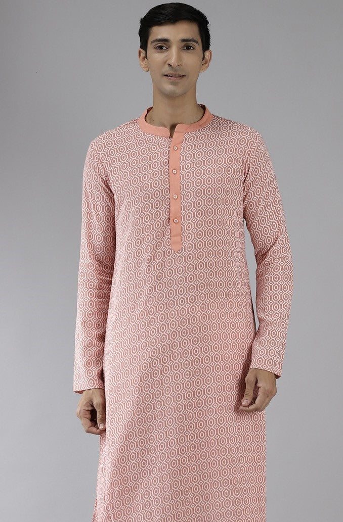 Men Peach & White Ethno Trend Printed Pure Cotton Straight Kurta