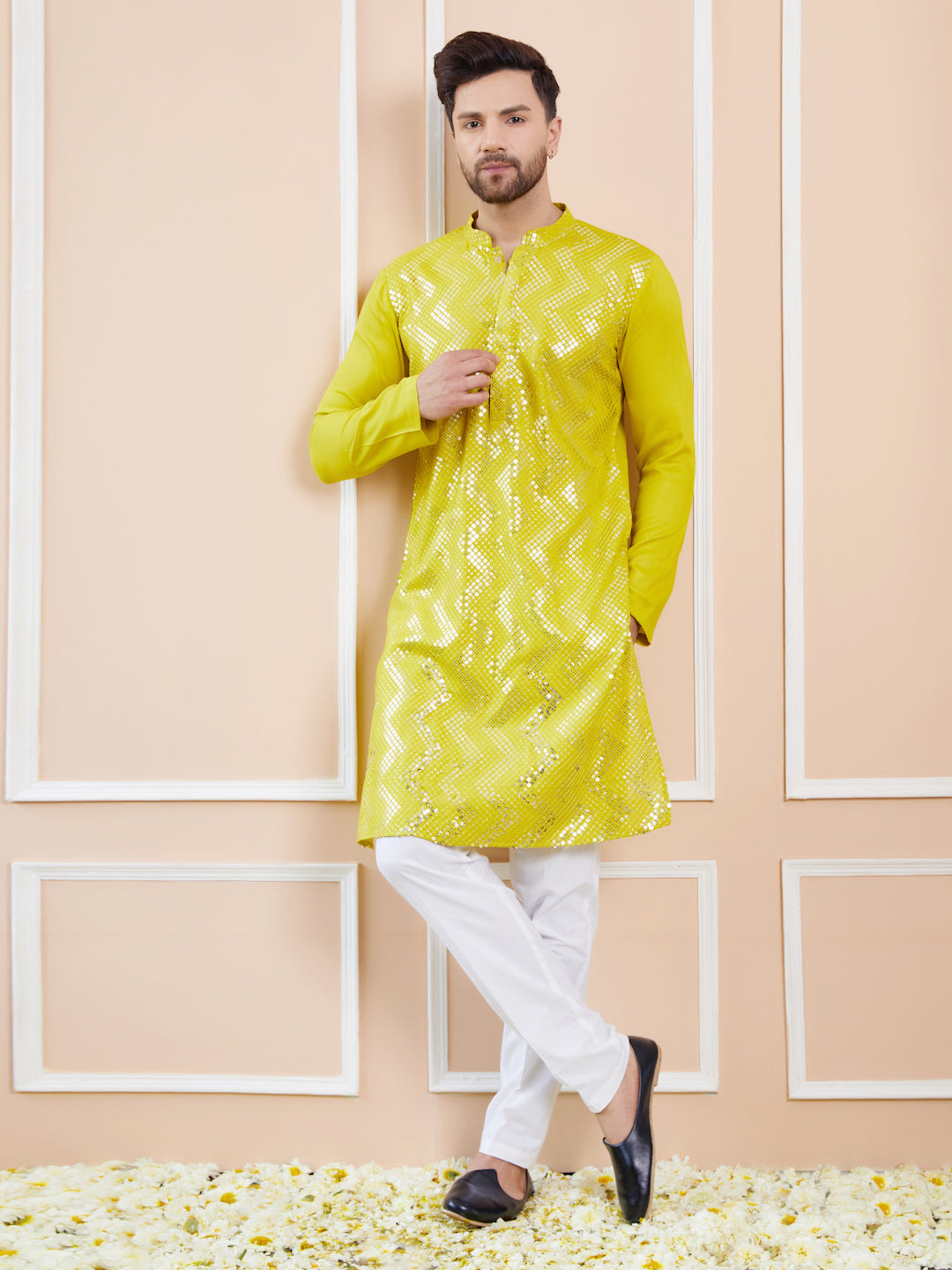 Men Lime Green And Gold Rayon Embroidery Sequins Kurta