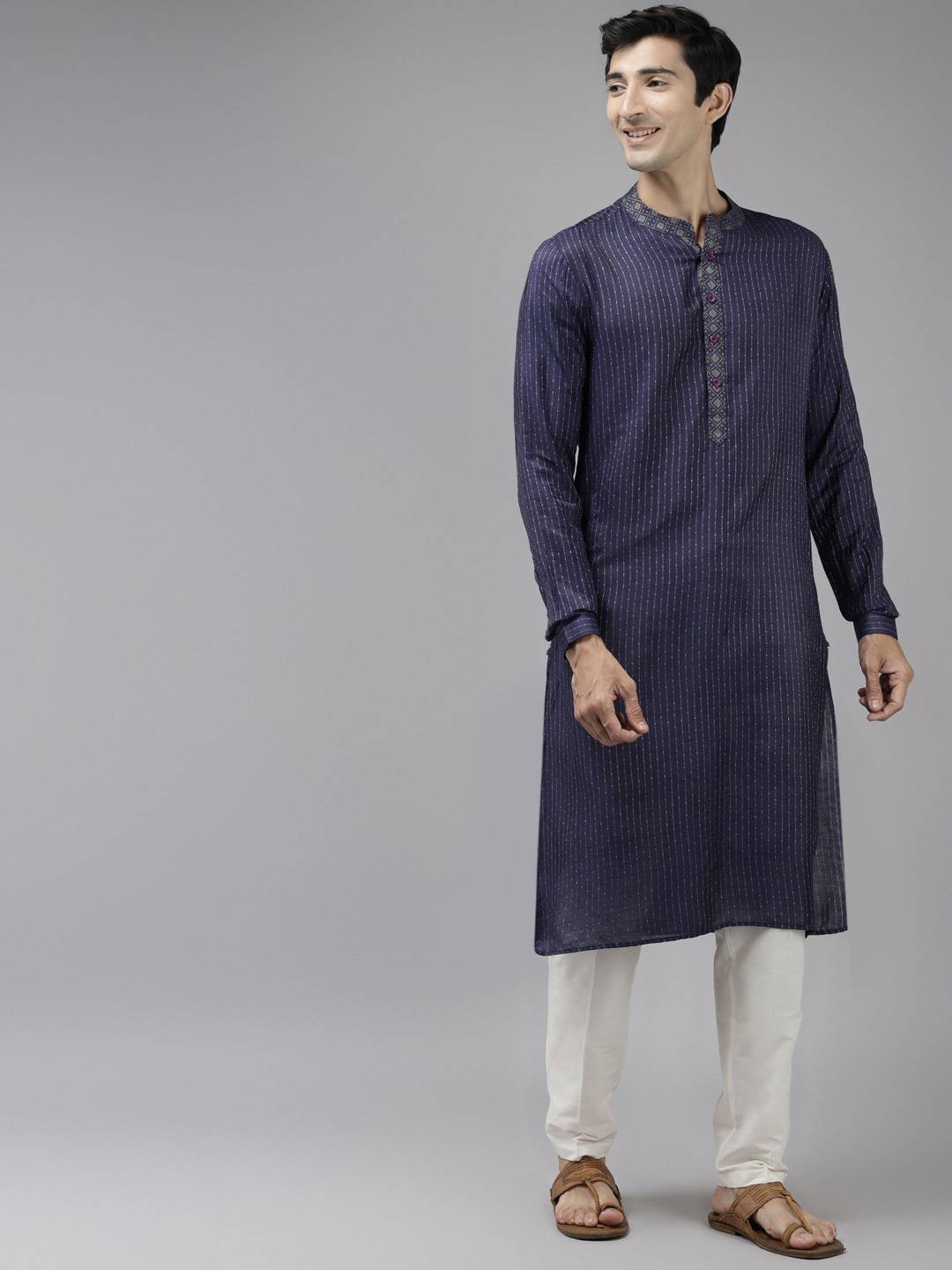 Men Blue & Beige Toned  Woven Design Thread Work Kurta