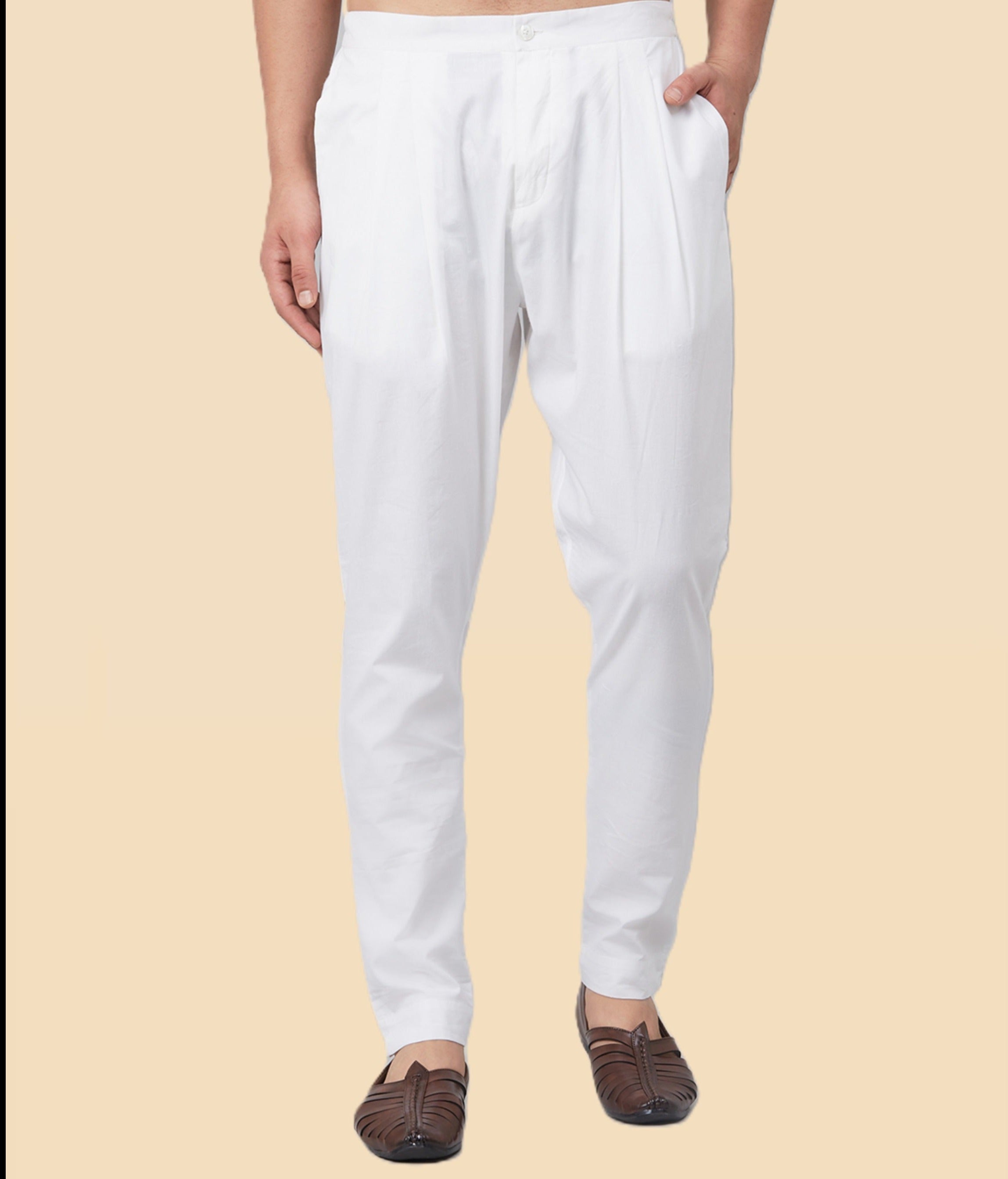 Men White Solid Trouser Style Pant