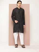 Men Black Embroidered Thread Work Chanderi Silk Straight Kurta