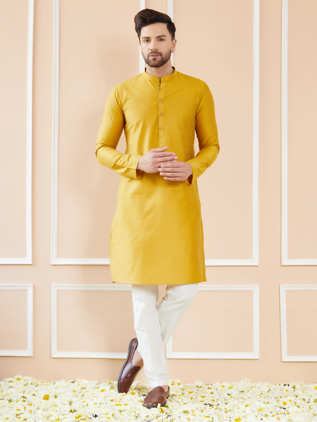 Yellow Cotton Solid Straight Kurta