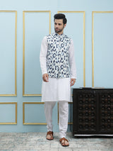 Men White And Blue Color Printed Cotton Nehru Jacket