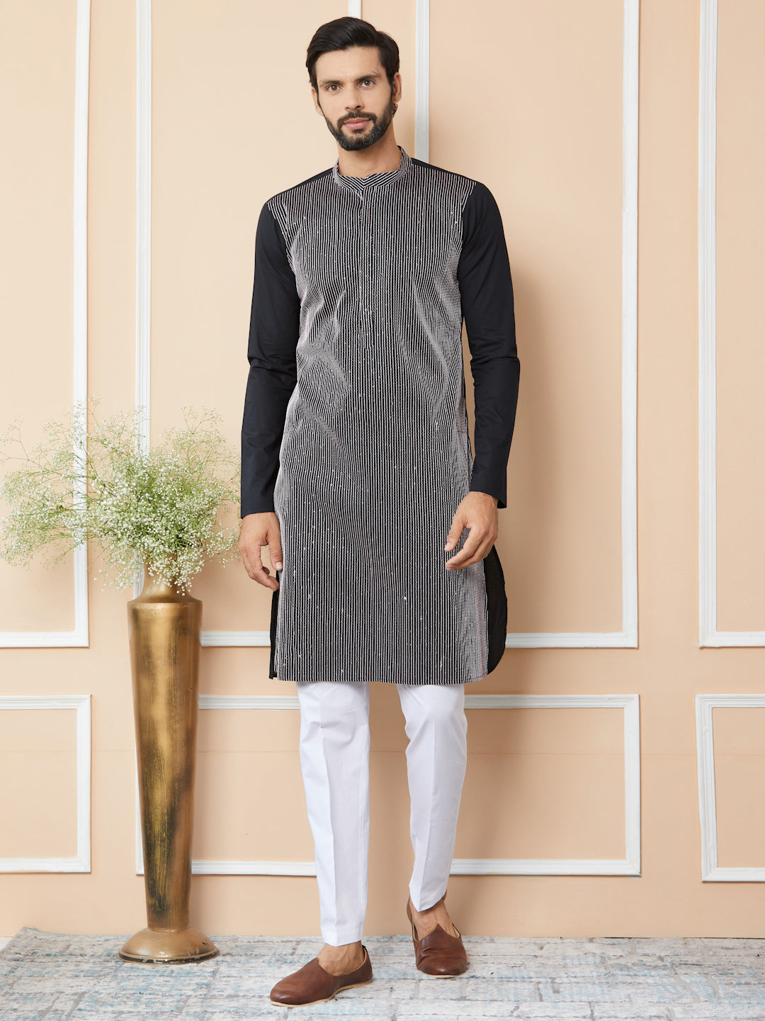 Black Thread & Sequins Worked Pure Cotton Straight Kurta with Pyjama