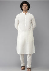 Men White Cotton Silk Straight Kurta