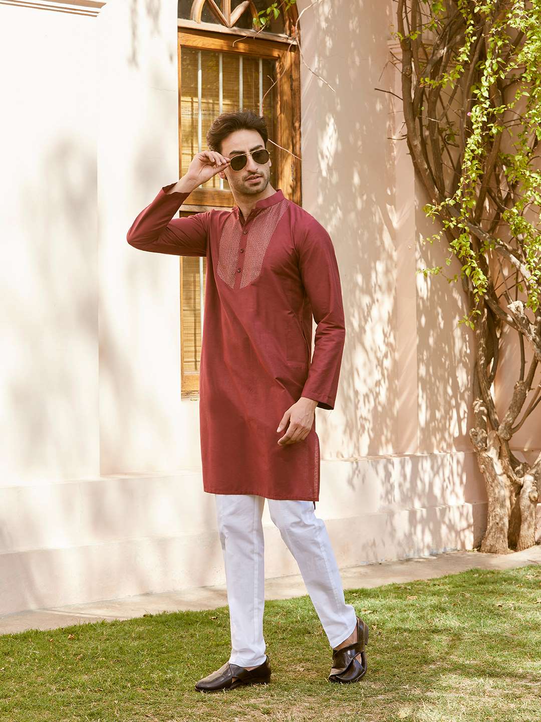 Men Maroon Cotton Silk Pintex Yoke Design Kurta With Pajama