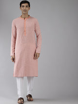 Men White & Peach-Coloured Printed Pure Cotton Straight Kurta With Pajama