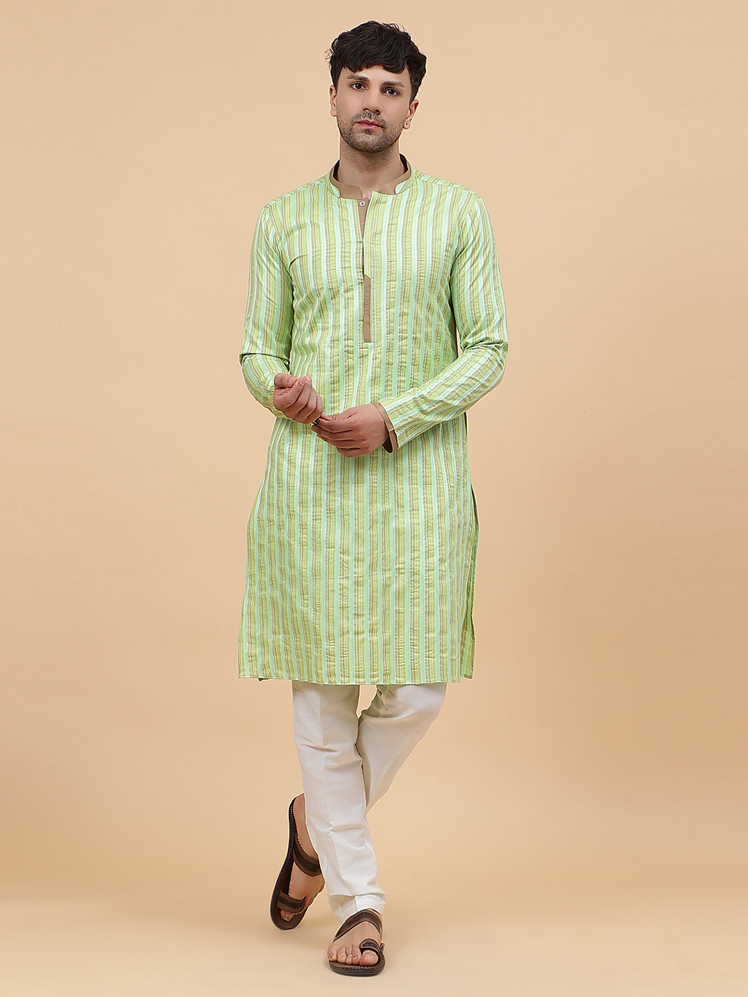 Riwaat.com Men Lime Green Silk Woven Design Straight Kurta Riwaat Mehendi Silk Woven Design