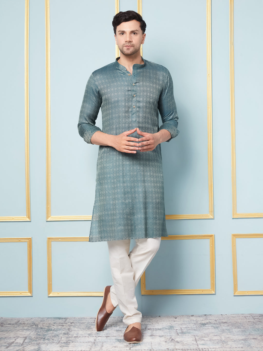 Men Green & Gold Woven Design Thread Work Kurta With Pajama