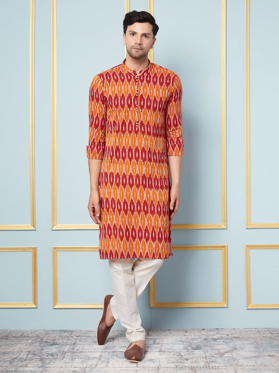 Men Mustard And Orange Ikat Printed Kurta