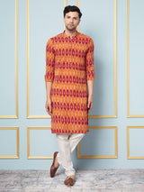 Men Mustard And Orange Ikat Printed Kurta