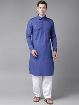 Riwaat.com Men Royal Blue Pathani Kurta with Salwar Riwaat Pathani Plain