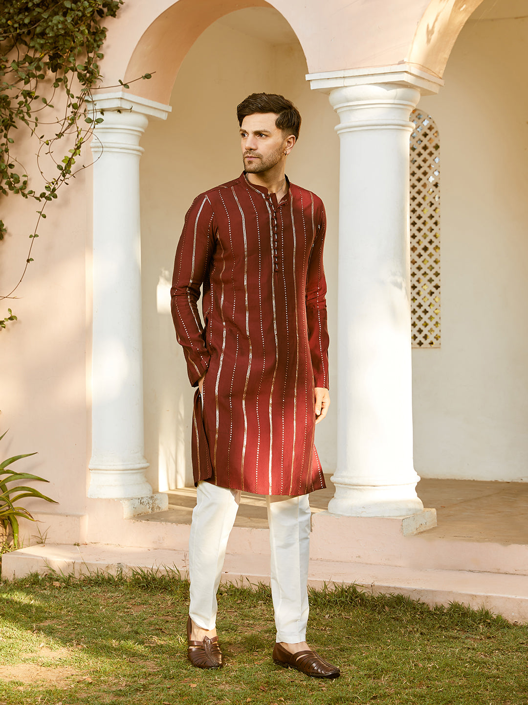 Men Maroon And Gold Chanderi Silk Sequins Kurta