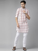 Men White Regular Pure Cotton Pathani Printed Men's Kurta