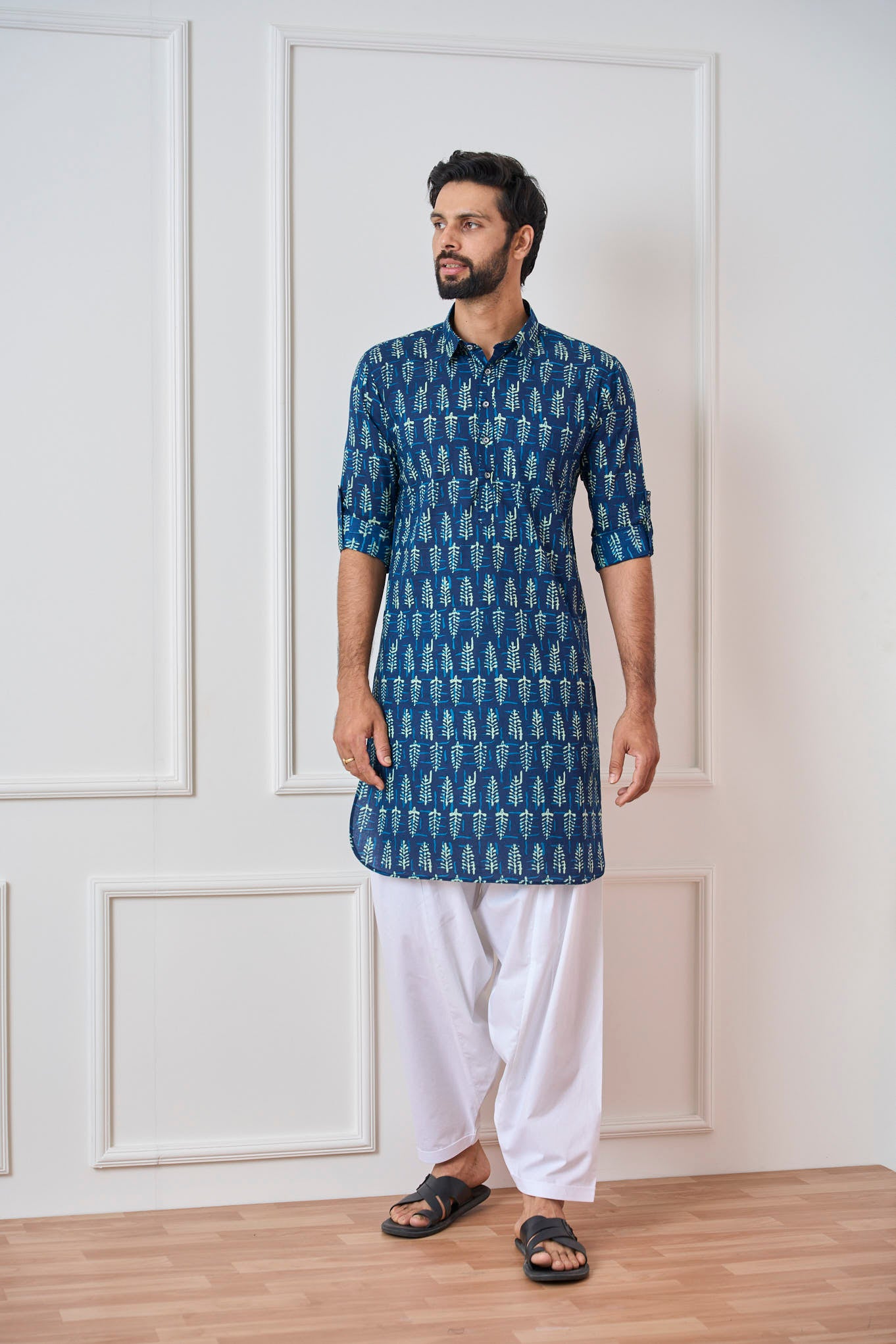 Riwaat.com Men Indigo Regular Pure Cotton Pathani Kurta Riwaat Floral Pathani