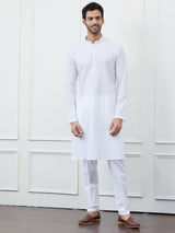 Men White with Subtle Pastel Stripes Kurta and Pajama