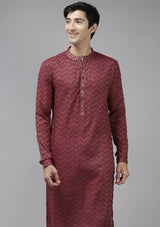 Men Burgundy & Beige Wave Woven Design Thread Work Kurta