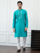 Riwaat.com Men Turquoise Sequence Mirror Work Cotton Kurta Riwaat Embroidered