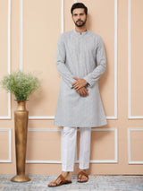 Grey Sequins and Thread Embroidered Cotton Straight Kurta with Pyjama