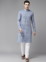 Men Blue with Dark Blue Stripes Pure Cotton Printed Straight Kurta With Pajama