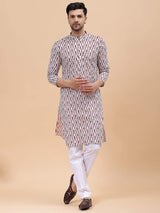 Men Off White & Maroon Pure Cotton Printed Straight Kurta