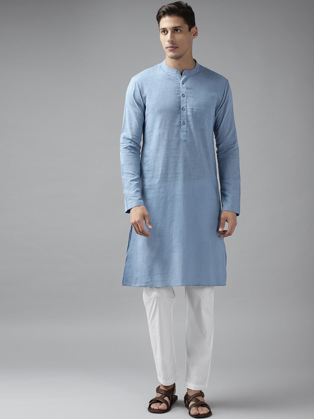 Men Sky Blue Cotton Straight Kurta with Slub Effect With Pajama