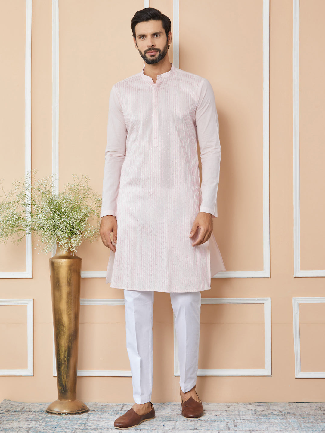 Light Pink Thread & Sequins Worked Pure Cotton Straight Kurta with Pyjama