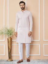 Light Pink Thread & Sequins Worked Pure Cotton Straight Kurta with Pyjama