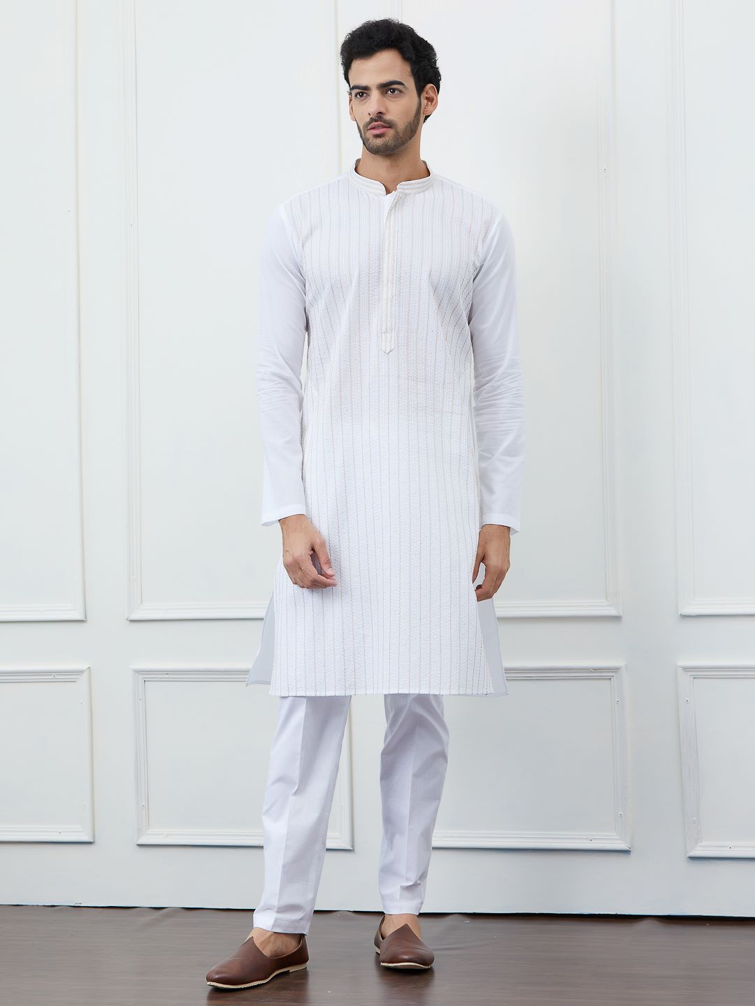 Classic White Cotton Gold Thread Work & Sequence Kurta