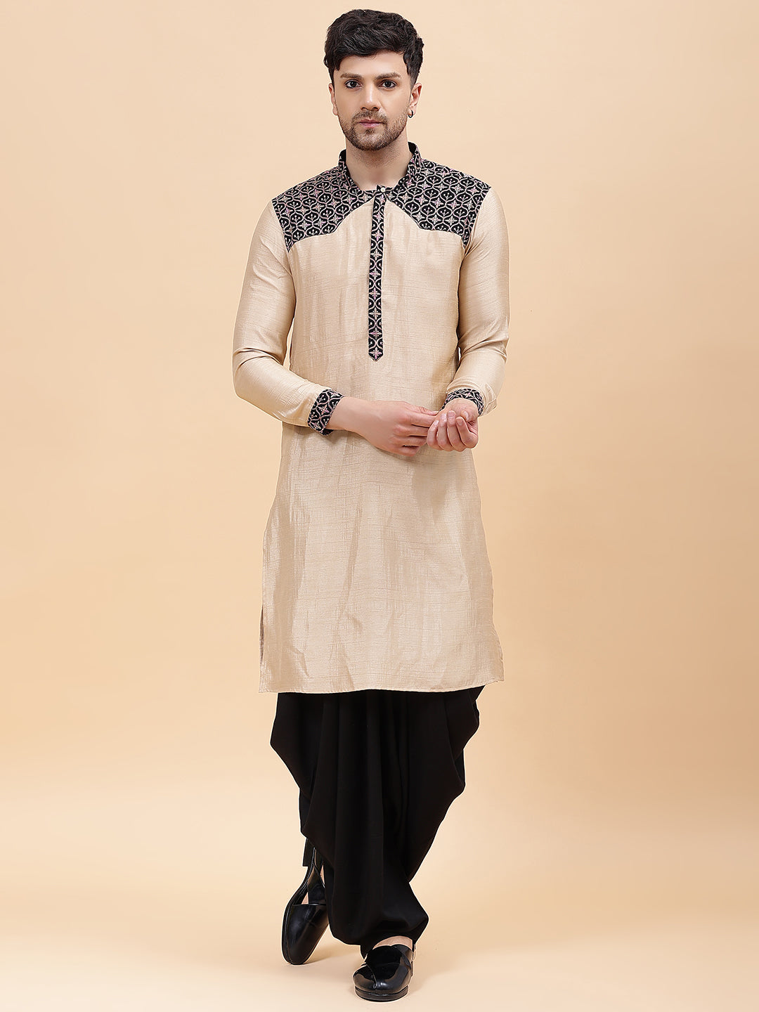 Men Gold & Black Silk Woven Design Straight Kurta With pyjama