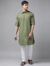 Men Olive Regular Pure Cotton Pathani Printed Men's Kurta