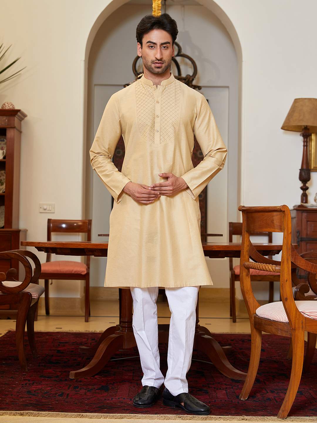 Men Brown Cotton Silk Pintex Yoke Design Kurta With Pajama