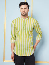 Men Lime Green Striped Cotton Short Kurta