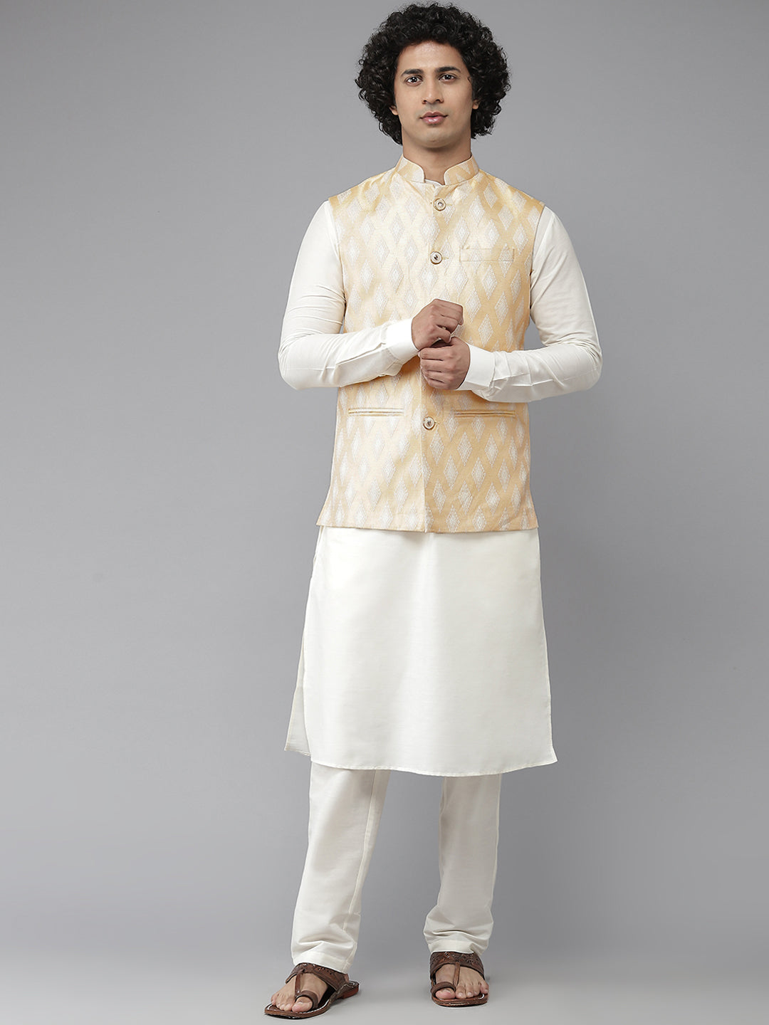 Riwaat.com Men White Solid Kurta Pajama With Ivory Nehru jacket Riwaat Indo Western