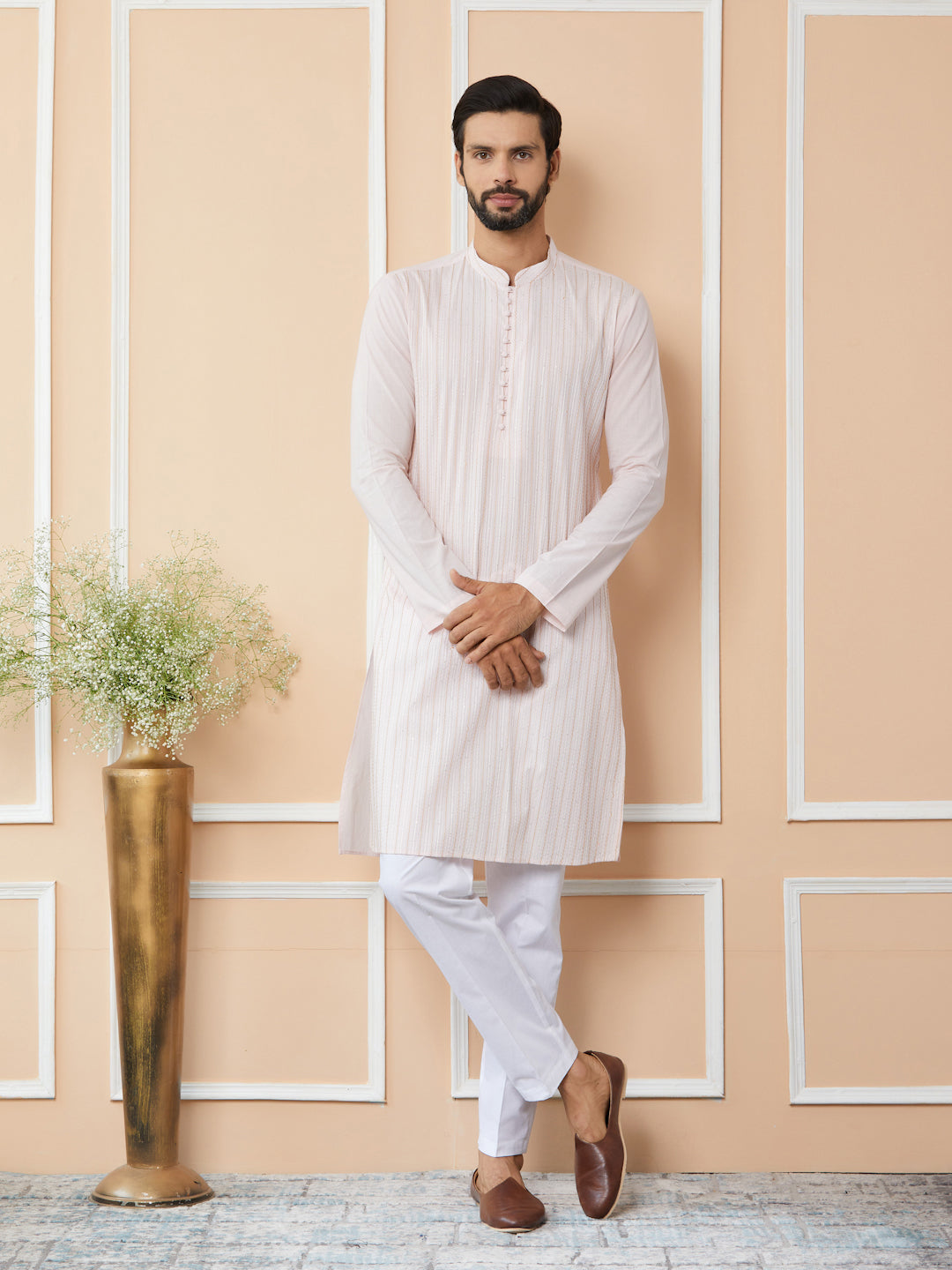 Light Pink Thread & Sequins Worked Pure Cotton Straight Kurta with Pyjama