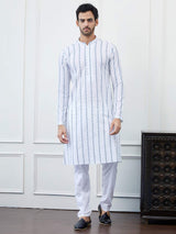 Men White with Blue Linear Pattern Chikankari Embroidered Cotton Kurta Set