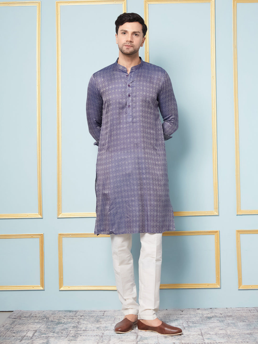 Men Navy Blue & Gold Woven Design Thread Work Kurta With pyjama